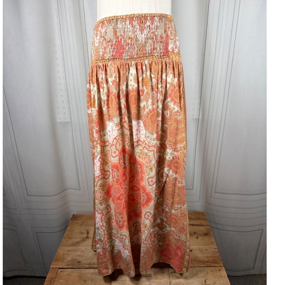 House of Harlow 1960 Orange Paisley Smocked Back Maxi Skirt Linen Blend M 33" - Picture 3 of 12